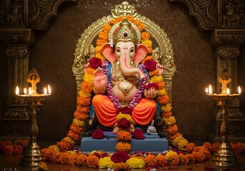 Fototapeta premium Intricate Hindu Deity Ganesha Statue Adorned with Garlands, Ornate Details, and Lit Lamps.