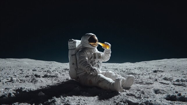 Astronaut relaxing on the moon with a drink, enjoying the scenic view under a starry sky. Space exploration meets leisure in this otherworldly setting. - Powered by Adobe