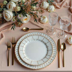 Table-Setting-Mockup-for-Weddings elegant table setting with white plates decorated with golden accents, gold cutlery, crystal glasses and a floral arrangement of white roses on a soft beige tableclot