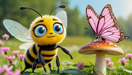 Cute bee and butterfly in colorful garden during sunny day