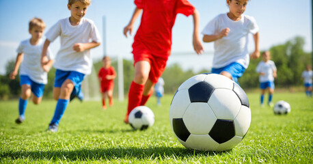 Obraz premium young boys playing soccer on a green grass field