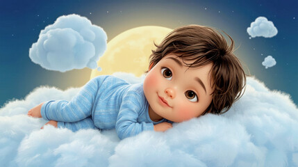 Cute child resting on a cloud with a dreamy night sky background