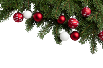 Christmas tree branches with red and white ornaments on an isolated background, top view, with white space for text. 