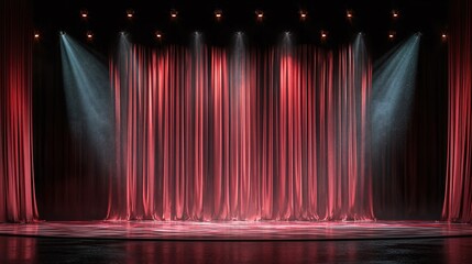 Red stage curtain illuminated by spotlights, creating a dramatic theatrical ambiance for performance or presentation in a theater with a polished stage floor.