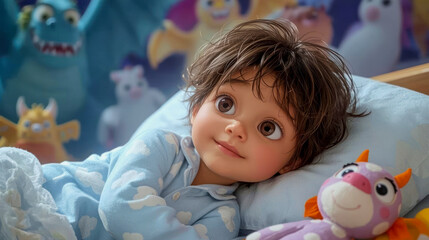 Cute child relaxing in bed with plush toys at nighttime