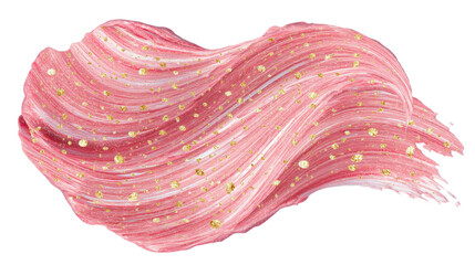 Watercolor a swirling pink cosmetic cream texture with gold glitter specks isolated on transparent background