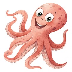 A smiling octopus in bright coral pink with big round eyes and eight soft, wavy tentacles. One tentacle is slightly lifted in a friendly wave. The octopus has tiny freckles on its forehead