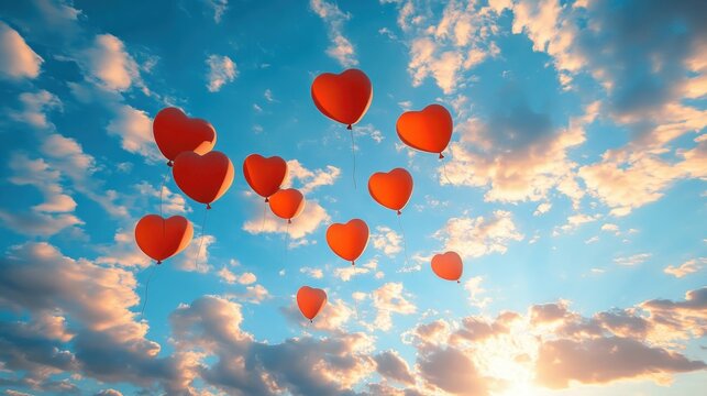 A cluster of red heart-shaped balloons floats upwards into a bright blue sky filled with fluffy white clouds and sunlight.