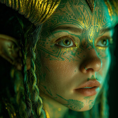 Starlight shining elf with glowing green-gold horns, her elaborate tattoos on her face resembling constellations, glowing light on her face.