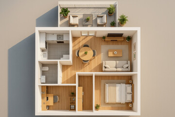 Modern apartment layout with spacious rooms and outdoor seating area