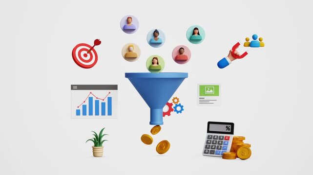 Lead generation, manage marketing targets, audience outreach concept. Convert audience into sales. CRO, conversion rate optimization. 3D marketing funnel with lead generation icons. 4K 3D animation