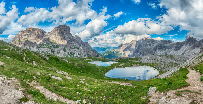 The scenic Piani Lakes surrounded by the Sexten Dolomites, Italy