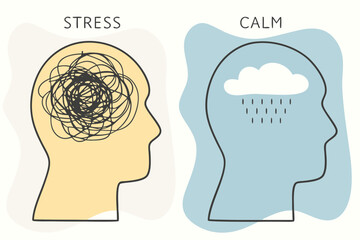 mental wellness illustration showing stressed tangled thoughts versus calm peaceful rain cloud mindset