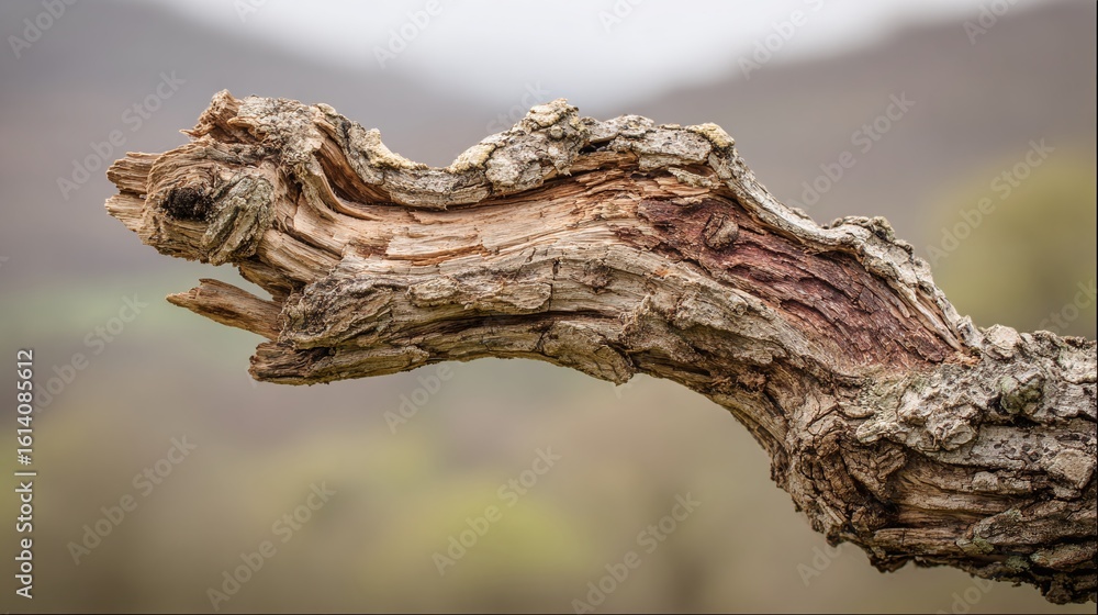 Poster close-up of a weathered branch with detailed bark texture. neutral backdrop. the branch is the clear