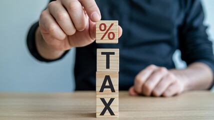 Tax and percentage concept with wooden blocks held by person's hand for business