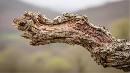 Fototapeta premium Close-up of a weathered branch with detailed bark texture. Neutral backdrop. The branch is the clear focus, with rough patterns highlighted.