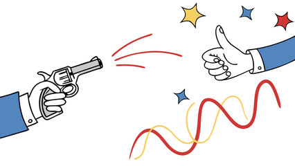 business conflict illustration with hands gun pointing and colorful stars line art