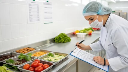 Professional chef diligently inspects fresh ingredients and food quality, ensuring safety and excellence in a modern kitchen environment.