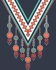 ethnic v-neck embroidery design with chevron zigzag pattern and beaded tassels 