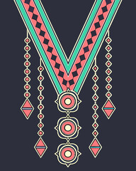 ethnic v-neck embroidery design with medallion chains and traditional geometric patterns isolated on white background.