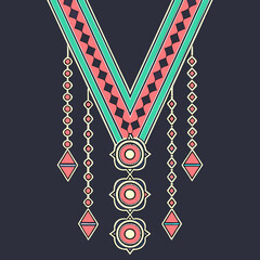 traditional ethnic neckline embroidery design with geometric patterns and folk motifs isolated on white background.