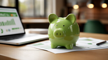 Green piggy bank on invoices and laptop, Environmental business concept