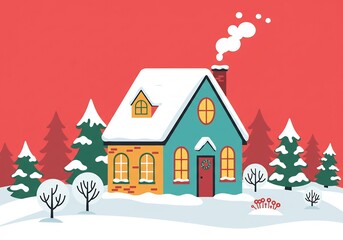 Fototapeta premium 雪化粧の可愛らしい家、煙突から温かい煙が優しく立ち上る冬の情景。