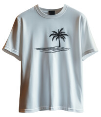 White cotton summer T-shirt with black embroidered single palm tree on sandy beach, isolated on transparent background.