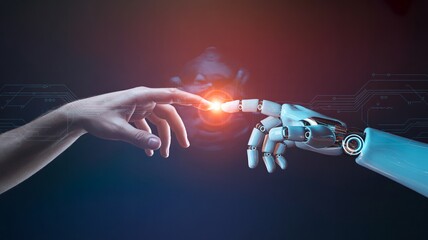 Human hand touching robotic hand with glowing light, AI and future concept