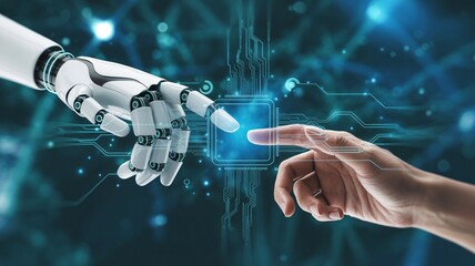 Robot and human hands connecting over a digital interface, AI concept