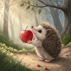 A tiny, curious hedgehog holding a bright red apple with both paws. The hedgehog has soft brown quills that are slightly fluffed up and round, shiny black eyes full of wonder
