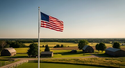 American flag proudly waving in the wind over a beautiful rural landscape with barns and green fields under a clear blue sky