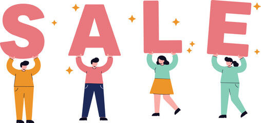 cad drawing flat vector illustration of cartoon people holding big sale letters, promotional banner, marketing advertisement, retail offer, festive season shopping design