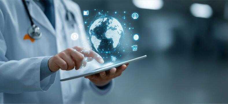 A doctor is using a tablet to analyze global data with digital technology