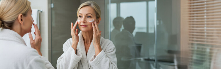 Attractive mid age older adult 50 years old blonde woman wears bathrobe in bathroom applying nourishing antiage face skin care cream treatment