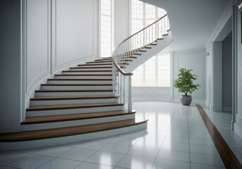 Fototapeta premium Elegant curved staircase in a bright, modern home interior