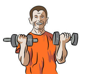 Fitness man with dumbbells. Illustration in cartoon style