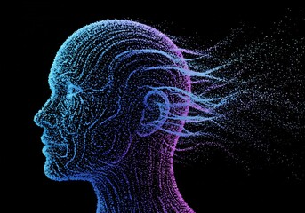 青紫の粒子で構成された人間の頭部が、黒背景に浮かび上がり、一部の粒子が流れ出ている様子を描写した画像です。