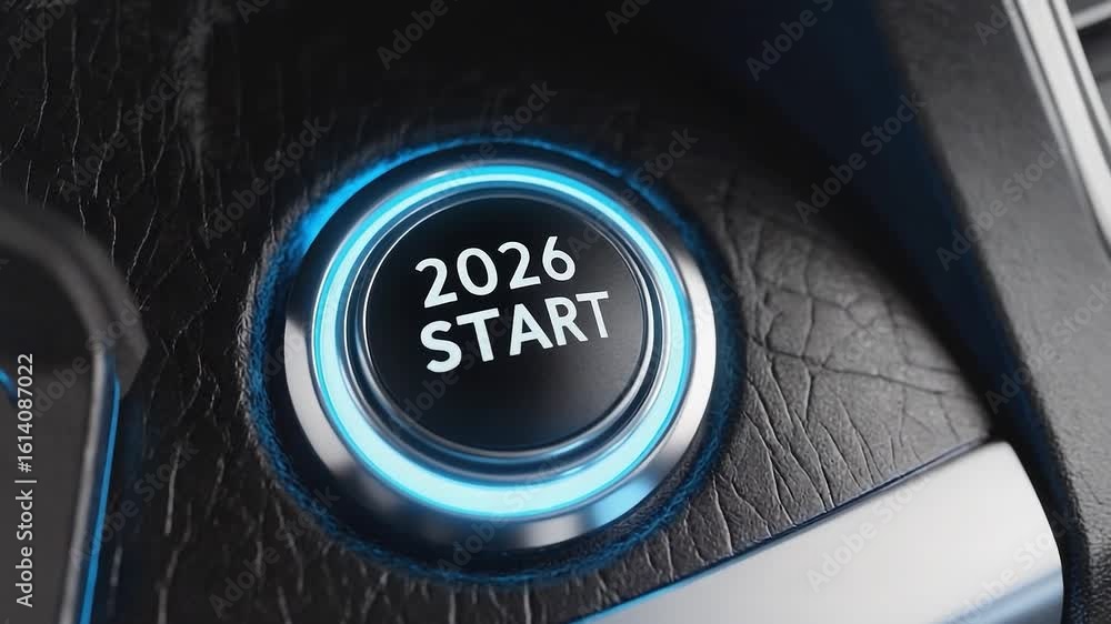 Poster car's start button is lit up in blue. the button is labeled 