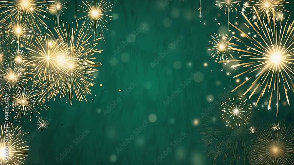 Poster green background with fireworks in the foreground. the fireworks are in different sizes and are scat