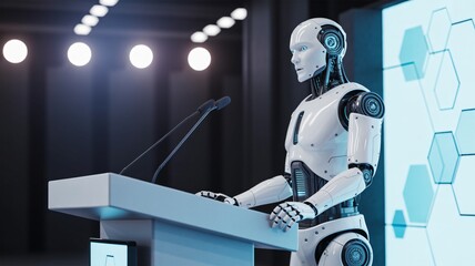 Futuristic robot giving a speech at a conference, AI technology concept