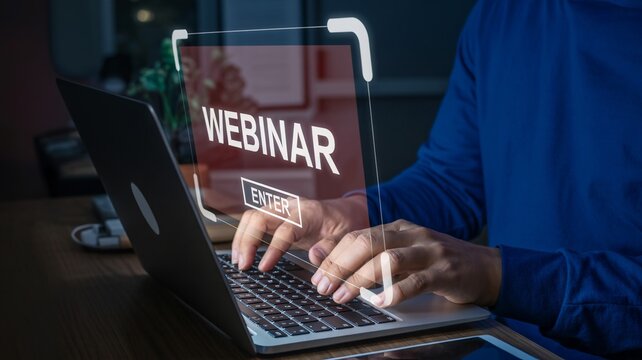 Hands typing on laptop to enter webinar, online meeting and digital education