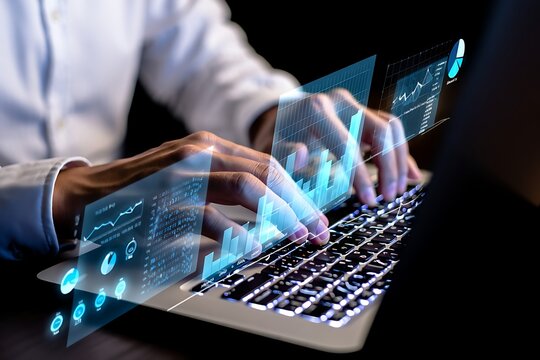 Close up of a person s hands typing on a laptop keyboard with glowing blue digital data streams and binary code overlay creating a futuristic technology concept