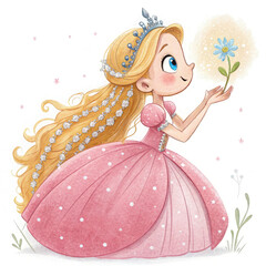 A young princess with long golden braids and a sparkling pink ball gown decorated with tiny white pearls. Her tiara glistens in the light, and her big blue eyes shine with excitement