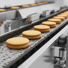 row of sandwich cookies moves along a modern conveyor belt in a factory, highlighting mass production and industrial baking precision