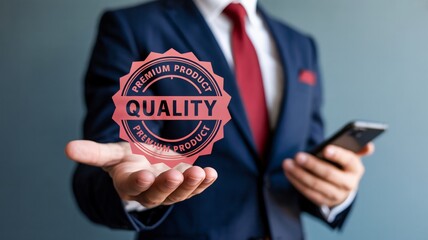 Businessman presenting premium quality product with smartphone in hand