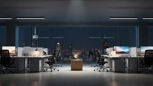 Modern office interior transforming magically with furniture pieces materializing against nighttime new york city skyline, revealing elegant workspace design through innovative visual concept