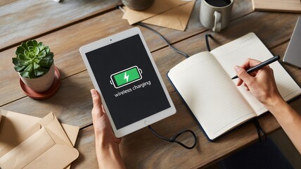 Wireless charging tablet and notebook with pen on a wooden desk, work lifestyle