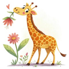Watercolor cute hand drawn giraffe. Giraffe in floral wreath flowers bouquet