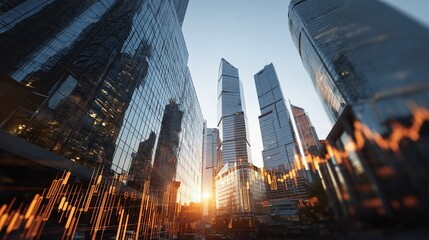 Financial District: Low-angle view of modern skyscrapers at dawn, overlaid with financial data visualizations. Cityscape reflects economic activity.